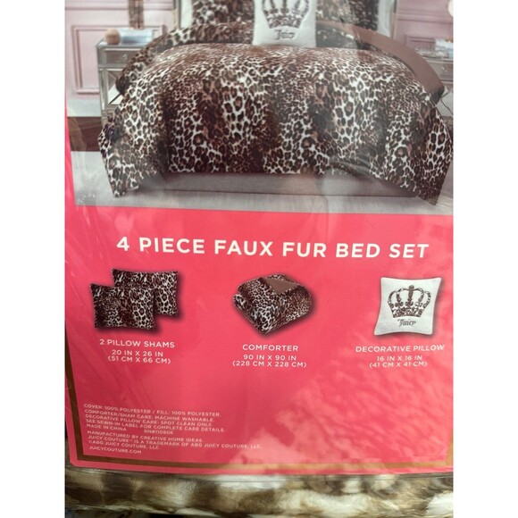 Juicy Couture Brown Leopard Comforter Set, 4 piece Faux Fur Bed Set, Queen - Picture 4 of 5